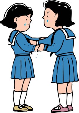 El ele tutuşup ağlayan iki kız.