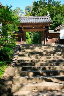 Taş adımlar geleneksel Japon ahşap kapı girişine doğru gidiyor.