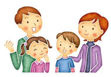 Beyaz arka planda anne, baba, oğul ve kızın aile çizimi