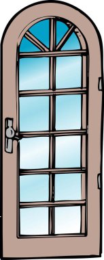 Kahverengi çerçeveli ve çoklu cam camlı uzun, kavisli bir pencerenin çizimi.