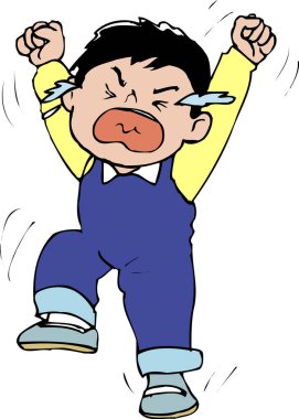 Kızgın çizgi film çocuğu beyaz arka planda yalnız başına ağlıyordu. 