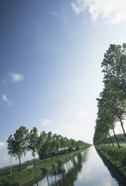 Kanalı ve yeşil ağaçları olan güzel bir manzara.     