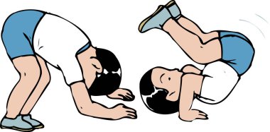 Jimnastik eğitimi alan çocuklar, beyaz arka planda çizgi film çizimleri   