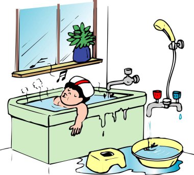 Su yere dökülürken bir erkeğin yüzme şapkasıyla küvette rahatladığının bir resmi..