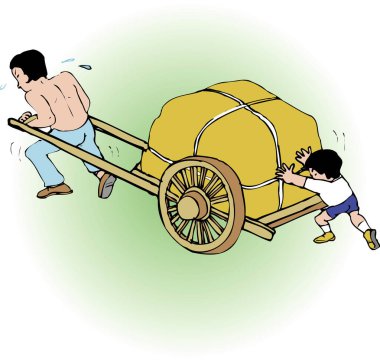Samanlı bebek arabası taşıyan adam ve bebeğin renkli çizimleri.