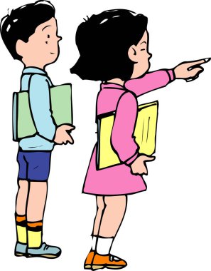 Kız işaret ederken, oğlan arkasında duruyor.
