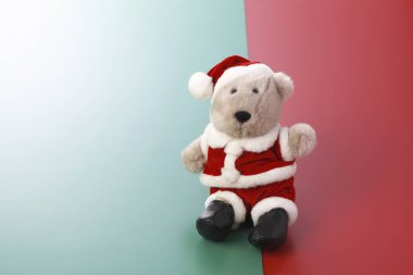 Noel Ayısı Noel Baba kostümü giyiyor. 