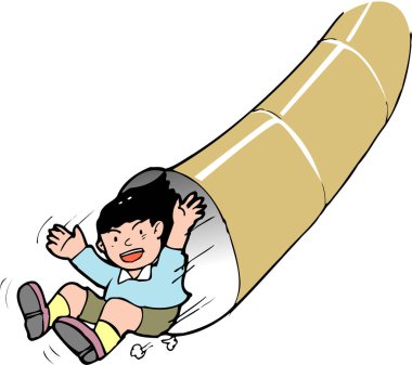 Gülümseyen çocuk büyük bir bambu filizinde kayıyor.