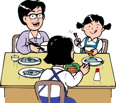 Aile yemek yiyor, beyaz arka planda çizgi film çizimleri var.   