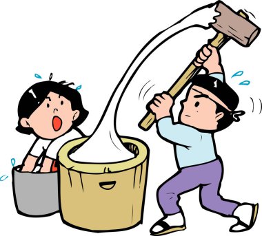 Çocuklar geleneksel mochi yapıyorlar. Tahta tokmak kullanıyorlar.