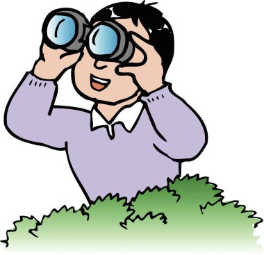 Dürbün kullanan adam, beyaz arkaplanda çizgi film çizimi   