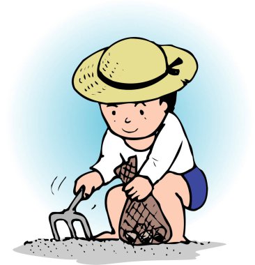 Şapkalı küçük çocuk bahçe toprağı kazıyor.