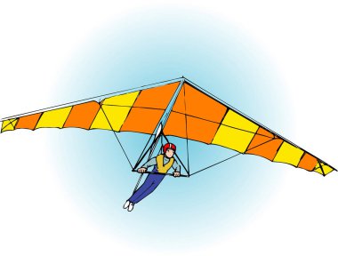 Deltaplan 'daki adam, beyaz arkaplanda karikatür çizimi   