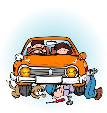 Köpeği ve arabası olan sevimli bir ailenin renkli çizimleri. 