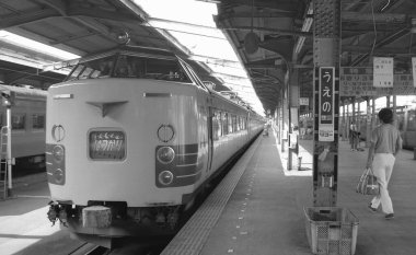 Şehirdeki tren istasyonundaki insanların siyah beyaz görüntüleri. 