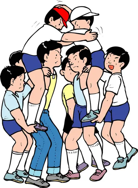 Dışarıda grup oyunu oynayan çocuklar renkli şapkalar takıyor.