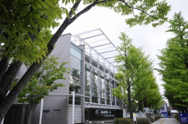 Çevresi yeşil yapraklı ağaçlarla çevrili modern cam bina.