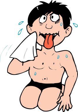 Aşırı ısınmış ve dili sıcaktan dışarı fırlamış bir çocuğun karikatür çizimi..