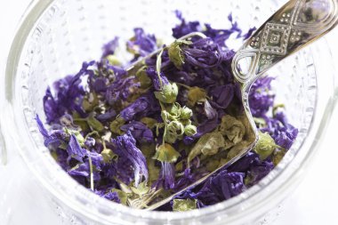 Beyaz arka planda kuru bitki çayı, yakın plan.