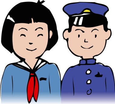 Mavi okul üniforması giyen gülümseyen çocuklar.