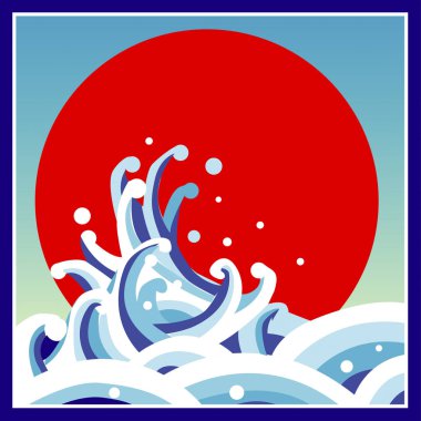 Japon tarzı kırmızı güneş ve mavi okyanus dalgaları sanatı 