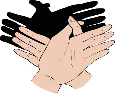 Uçan bir kuşun gölge kuklasını yaratan iki elin grafiksel çizimi.