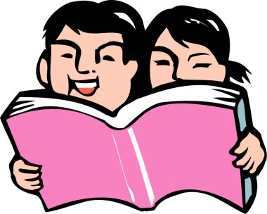Pembe kitap okuyan çocuklar, beyaz arka planda izole edilmiş karikatür çizimleri.