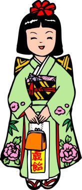 Beyaz arka planda kimonolu Japon kadın.