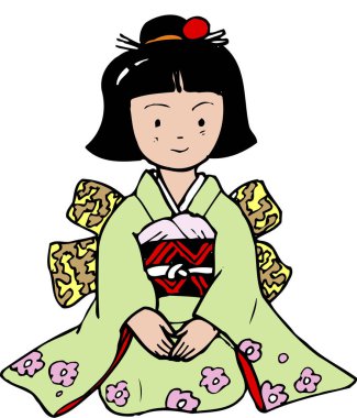 Kimonolu Japon kadın resimde oturuyor. 