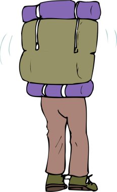 Çizgi filmdeki adam büyük bir sırt çantası taşıyor. 