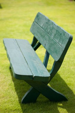Green wooden bench sitting on grassy outdoor area