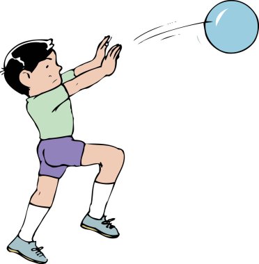 Çizgi filmci çocuk beyaz arka planda tek başına top oynuyor. 