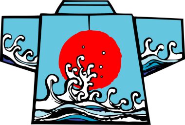 Japon tarzı kırmızı güneş ve mavi okyanus dalgaları sanatı 
