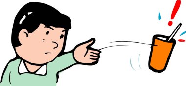 Çocuk kazara turuncu bardağı deviriyor.