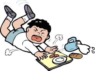 Kahvaltı tepsisinde düşen çocuk, beyaz arkaplanda renkli karikatür çizimi 