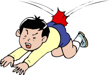 Çizgi filmlerde genç bir çocuğun acı bir şekilde poposunun üstüne düşüşünü anlatıyordu..