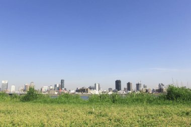 Tokyo, Japonya 'da binaları olan modern şehir manzarası