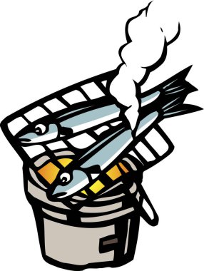 bbq üzerinde balık, beyaz arkaplanda renkli karikatür çizimi 