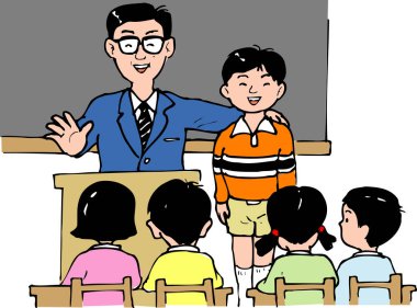 Sınıfta öğrencileri olan bir öğretmen, beyaz arkaplanda renkli karikatür çizimi 