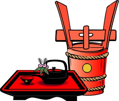 Geleneksel Japon çayı seti ahşap kovanın yanında