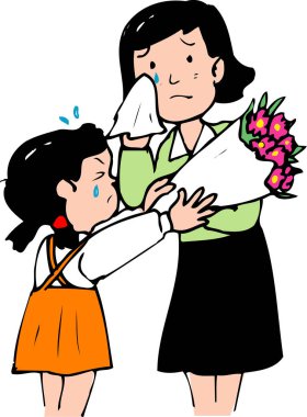  Anne ve kızı bir buket çiçekle, anne ağlıyor. 