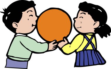 Beyaz arka planda balon tutan iki çocuk. 