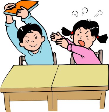 Kız onun yanında öfkeyle tepki verirken erkek çocuk kitap yetiştiriyor.