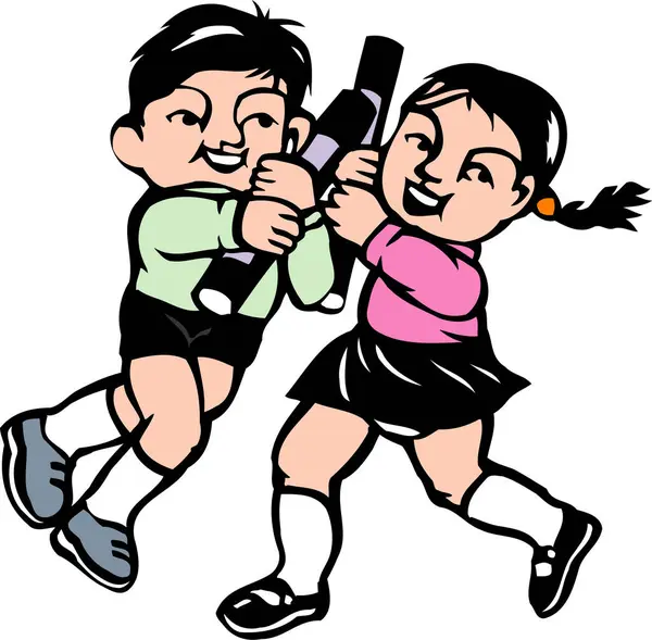 Gülümseyen çocuklar neşeyle siyah nesneleri birbirine çekiyor.