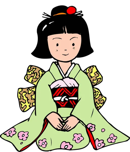 Kimonolu Japon kadın resimde oturuyor. 