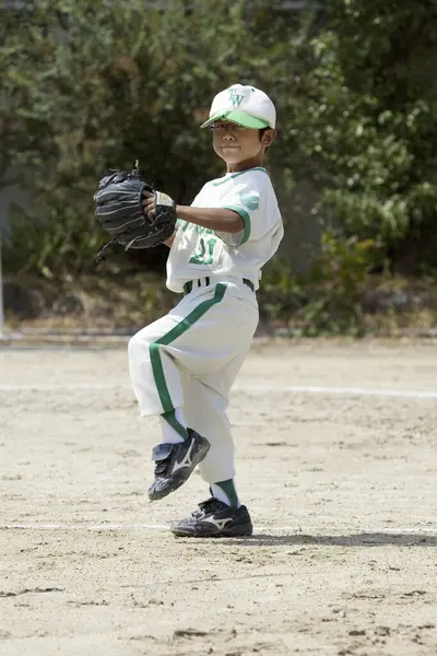Japanese Boy Pitcher Playing Baseball Game Little League — Stock Photo, Image