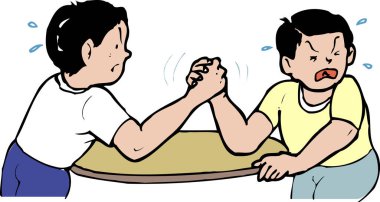 Bilek güreşinde gergin ifadeleri olan iki çocuğun çizgi film çizimi..