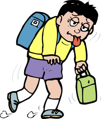 Yürürken sırt çantası ve beslenme çantası taşıyan yorgun çocuk.