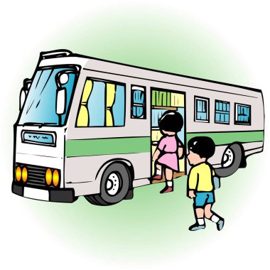 okul otobüsüne binen çocukların çizgi film çizimi 