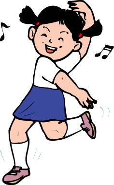 Gülümseyen kız neşeyle dans ediyor mavi etek giyerek